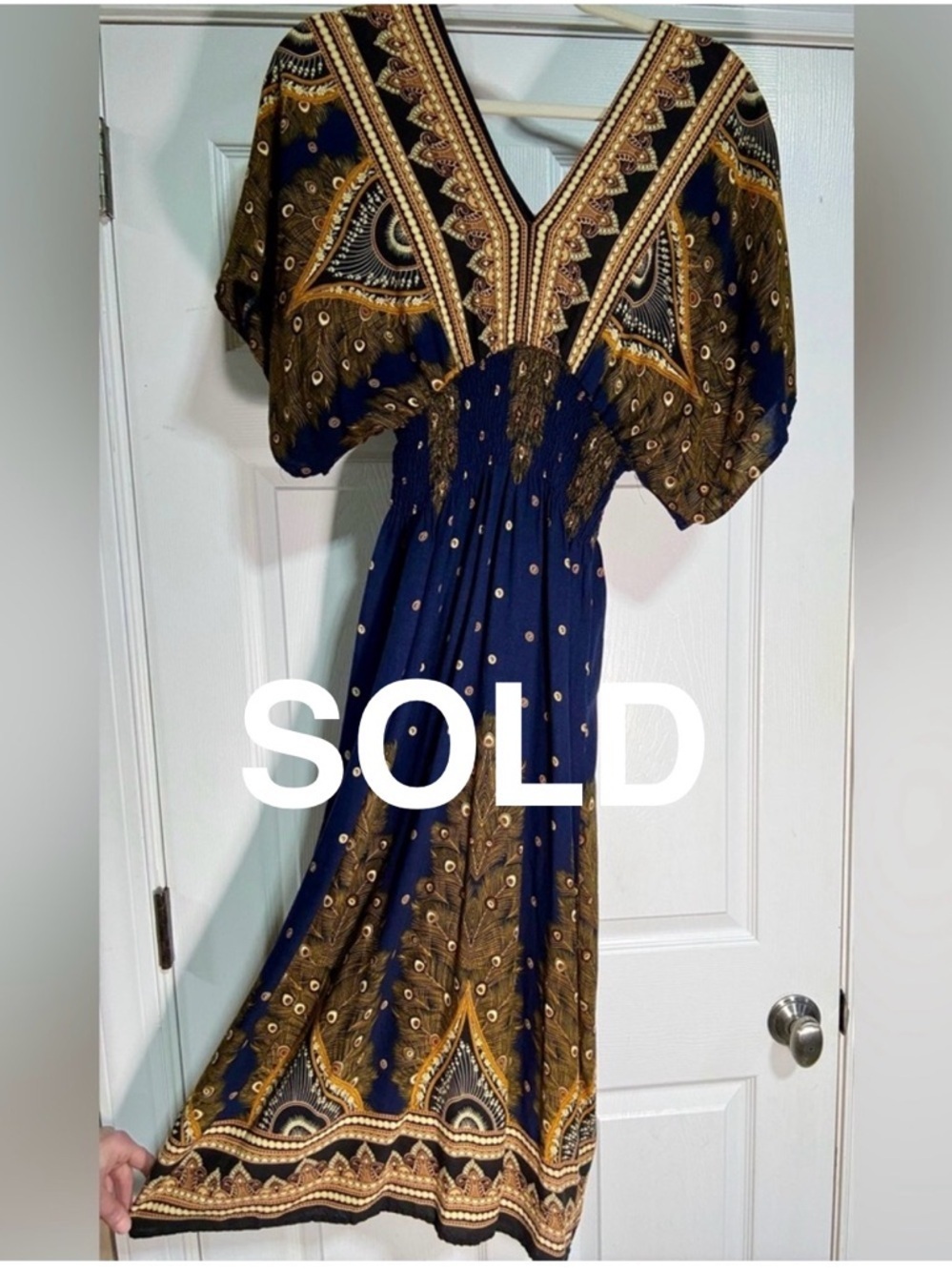 Boho Kaftan Maxi Dress Blue Gold Peacock Print Flowy Resort Vacation M/L